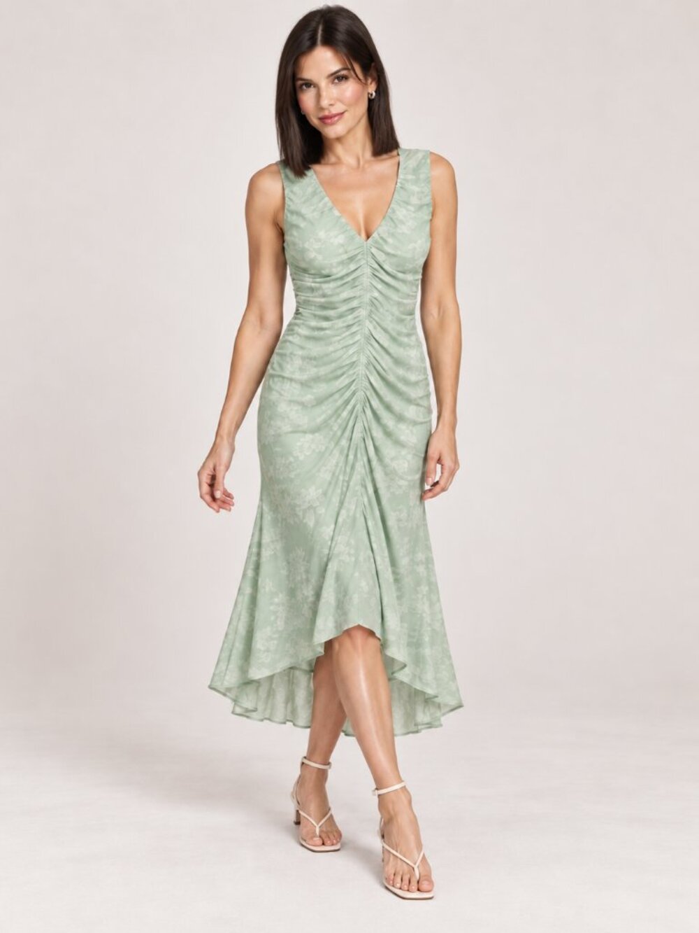 NWT A New Day Mint Green Floral Ruched V Neck High Low Midi Dress XS